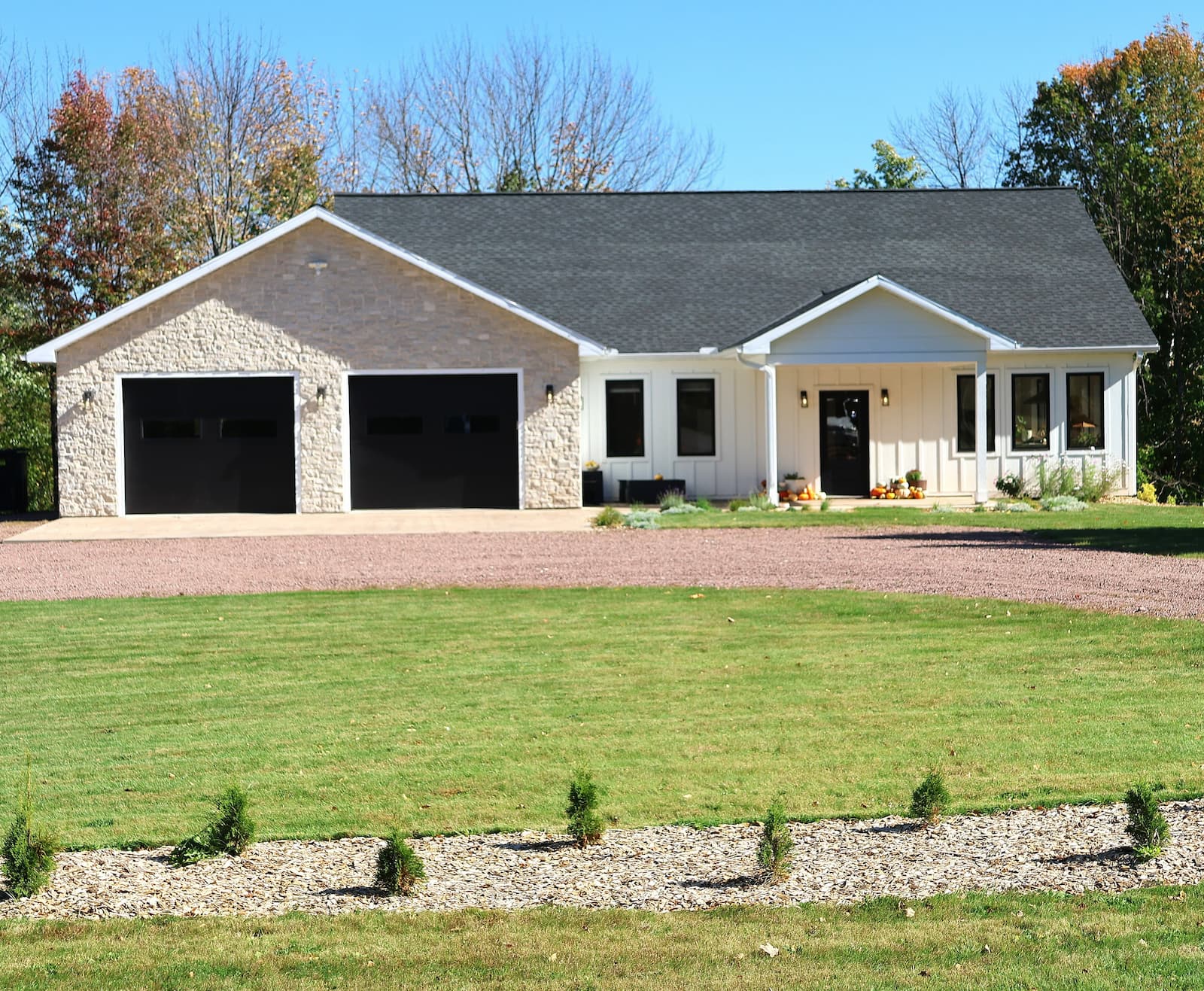 39142 North York Rd, Ashland WI - custom-built ranch-style home with stone exterior, attached 3-car garage, and equipment bay on 19.49 acres