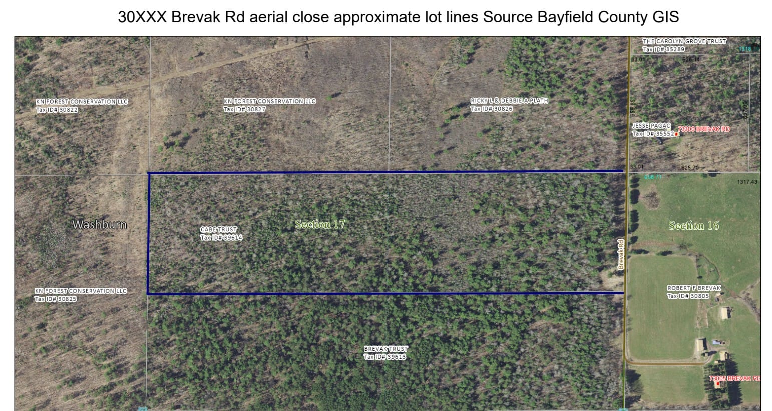 Aerial parcel map of 30XXX Brevak Rd 40-acre Cabe Trust property in Washburn WI showing approximate lot lines, adjacent KN Forest Conservation land to the north and south, and Brevak Rd access on the east — source Bayfield County GIS