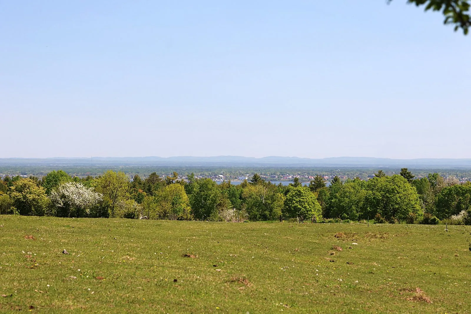 View of Ashland and Chequamegon Bay from 30XXX Brevak Rd 40-acre parcel in Washburn WI, with foreground pasture and tree line