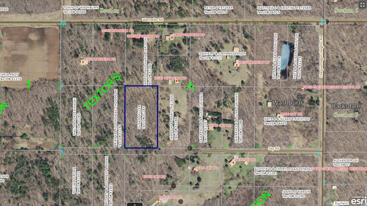 Aerial parcel map of the 5-acre 30XXX Sky Rd property in Washburn WI showing approximate lot lines at the end of Sky Rd — source Bayfield County GIS