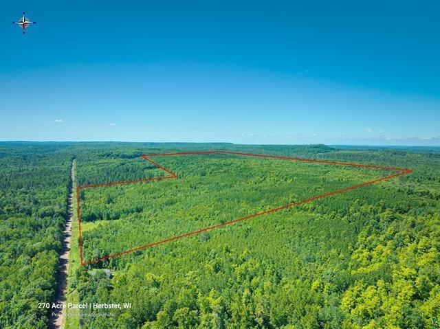 Aerial view of a 270 acre wooded parcel in Herbster, WI with the property boundary outlined in red, showing dense forest, a gravel access road, and rolling terrain.