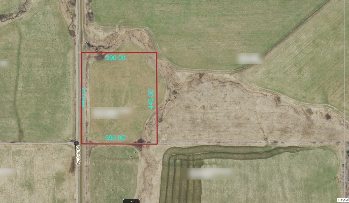 Aerial parcel map of the 4-acre lot at 64XXX Pezderic Rd in Mason, WI, showing approximate lot lines of roughly 445 by 390 feet with Pezderic Rd frontage in the Town of Keystone, Bayfield County.