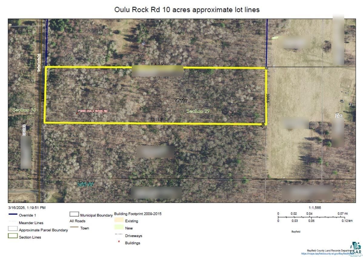 Aerial parcel map showing the approximate 10-acre lot lines at 713XX Oulu Rock Rd outlined in yellow, with Oulu Rock Rd frontage along the parcel in the Town of Oulu, Bayfield County WI