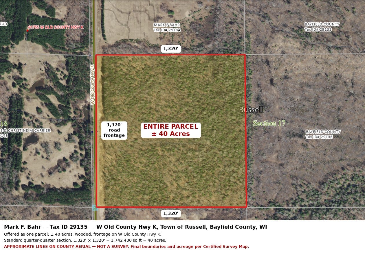 Aerial parcel map of the entire 40-acre offering, 1,320 by 1,320 feet, on W Old County Hwy K in the Town of Russell, WI