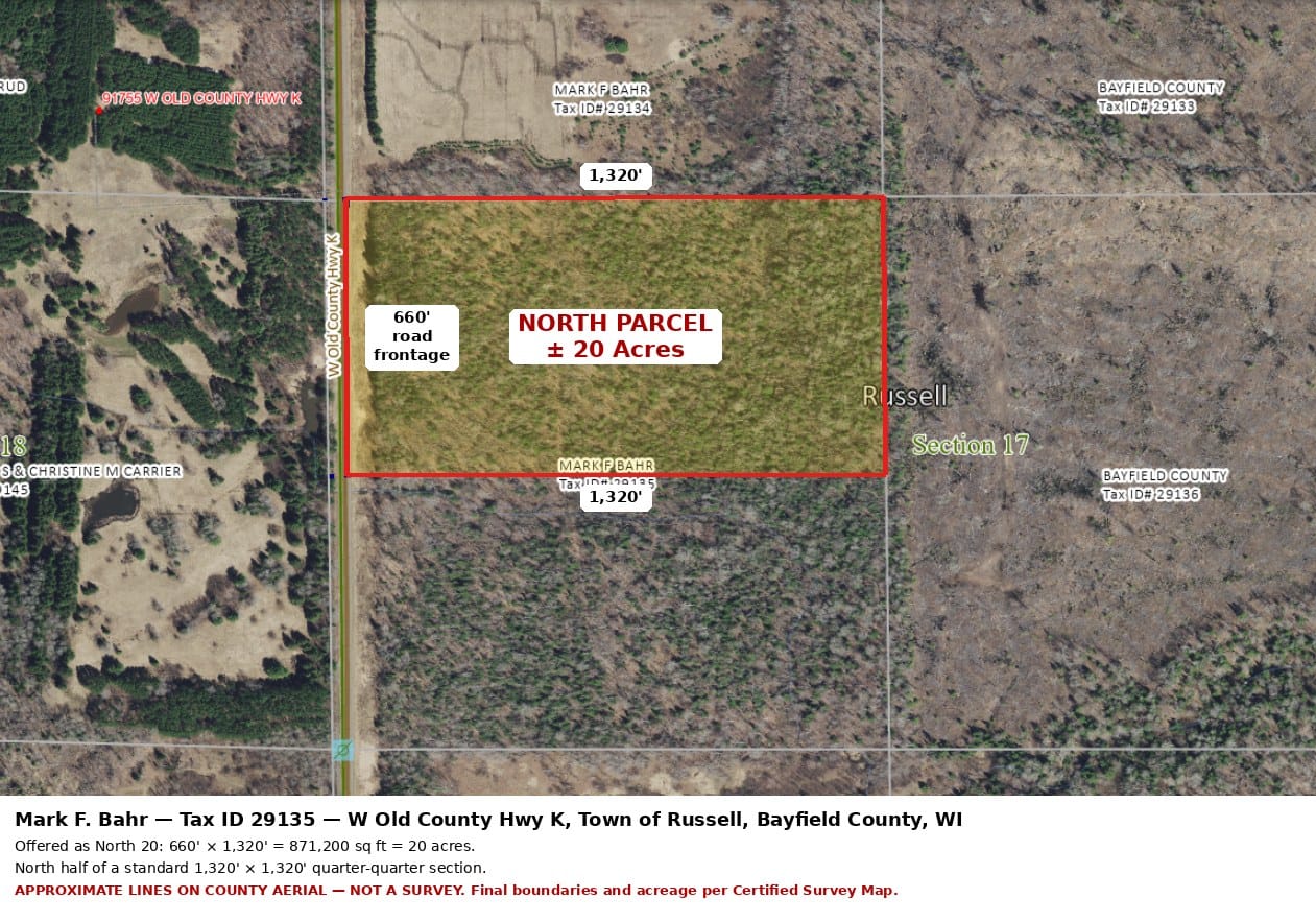 Aerial parcel map of the North 20 acres, 660 by 1,320 feet, on W Old County Hwy K in the Town of Russell, WI